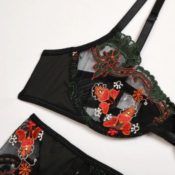 3-piece bra set women floral embrodiery lace lingerie set ladies transparent bra+ thong sexy underwear
